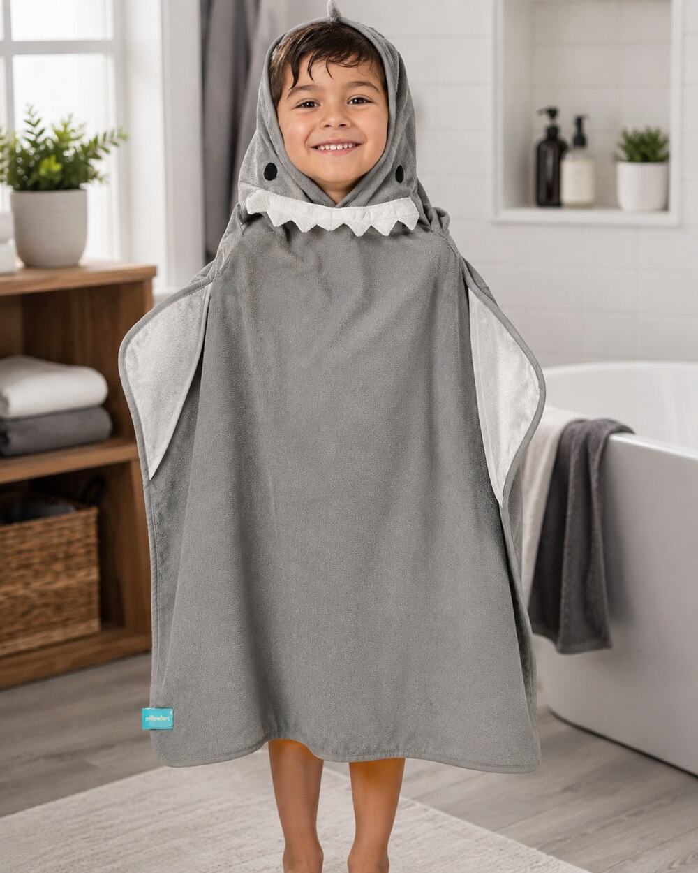 Pillowfort Kids Gray Shark Hooded Bath Towel Poncho Soft Wrap Cover-Up